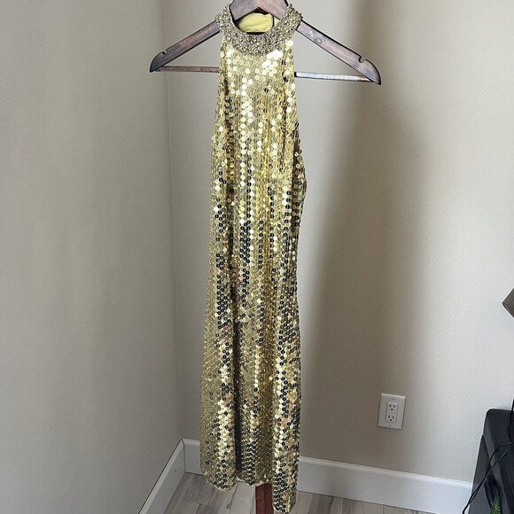 Cache Gold Sequin Dress Beaded High Neck Halter Embellished Open Back Size 4 - Picture 2 of 8